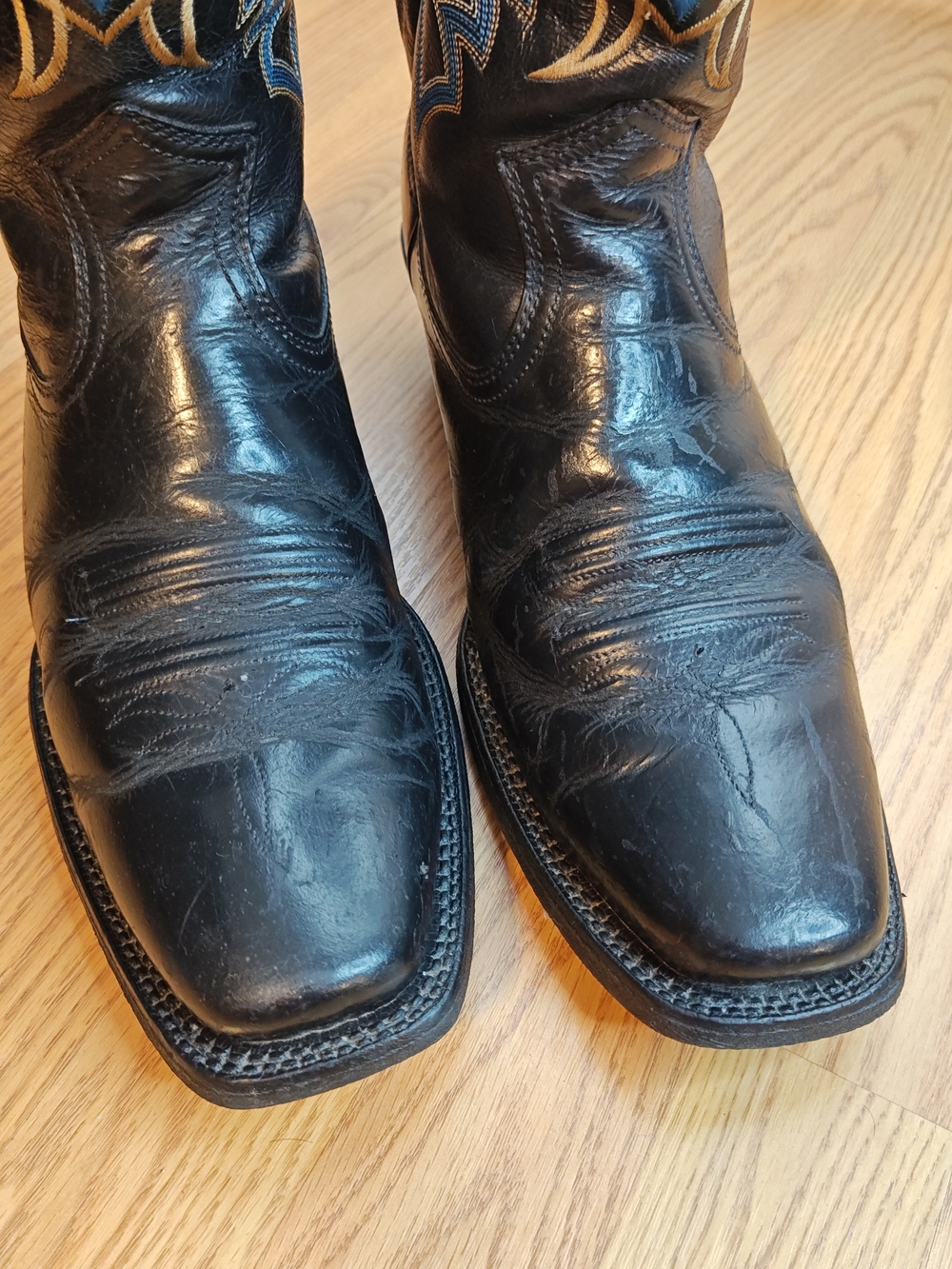 Ariat Heritage Western Boots Black Leather Square Toe Blue Gold Stitch 10.5D - Picture 4 of 14